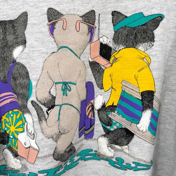 Vintage '90s Cute Cat Kitten Sweatshirt size large cats beach pool sunglasses *r - Picture 11 of 15